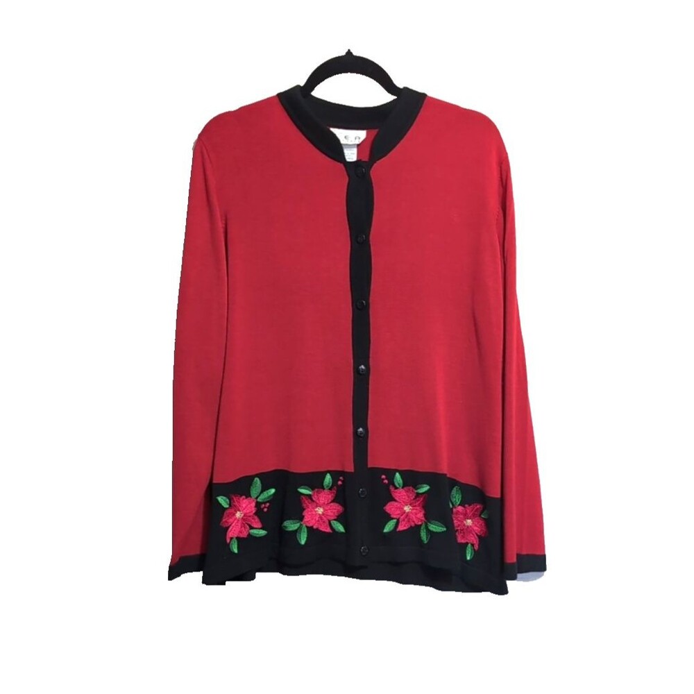 Lea Apparel Christmas Sweater Red Cardigan Women’s Sz XXL Embroidered Poinsettia